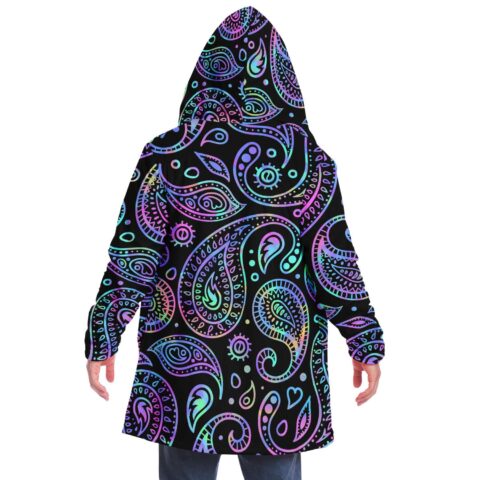 Festival-themed hooded cloak back view highlighting pastel neon paisley design on black