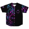 Black splatter rave baseball jersey with dripping smiley face on the chest, front view