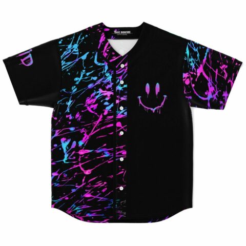 Black splatter rave baseball jersey with dripping smiley face on the chest, front view