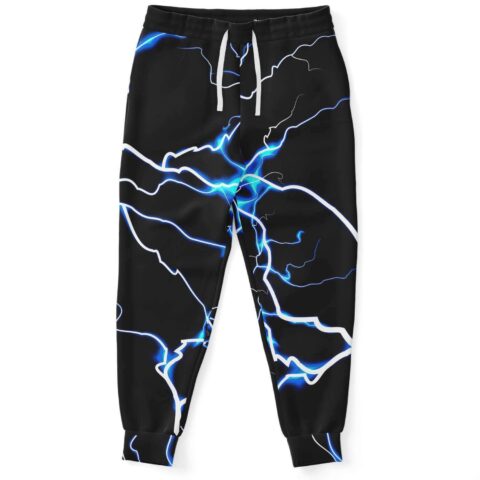 Black electric lightning rave joggers with blue bolt print flat front view