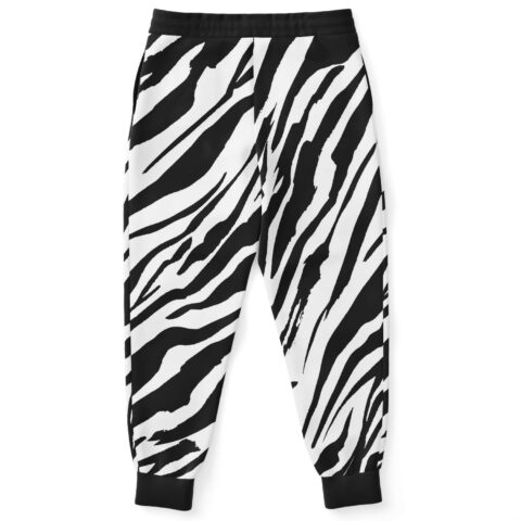 Zebra stripe rave joggers showing back panel pattern and elastic cuffs