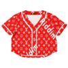 Red geometric emblem rave cropped baseball jersey with a white geometric logo on the front