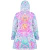 Back view of white ornate psychedelic rave cloak with hooded mushroom and eye design