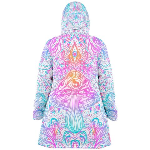 Back view of white ornate psychedelic rave cloak with hooded mushroom and eye design