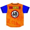 Orange anime-inspired baseball jersey back with Headbangerz text and kanji circle patch on blue sleeves