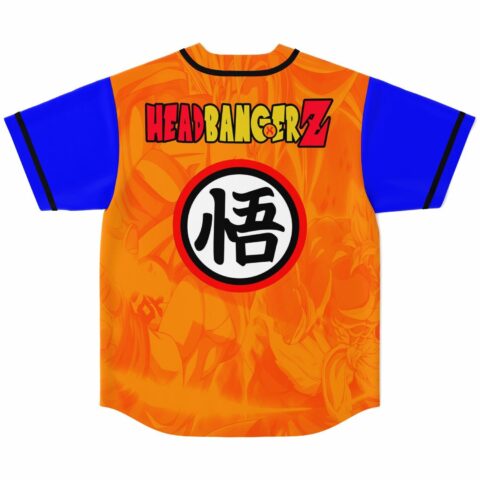 Orange anime-inspired baseball jersey back with Headbangerz text and kanji circle patch on blue sleeves