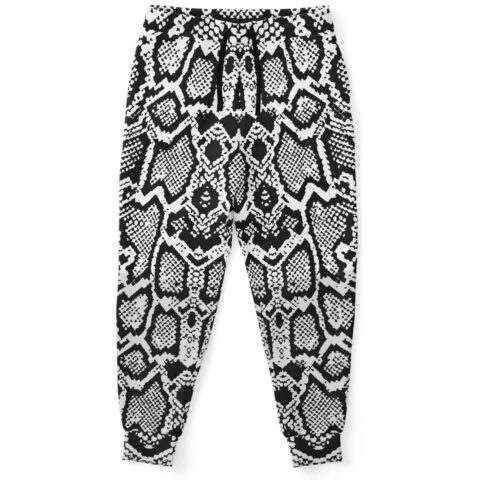 Black and white snakeskin print rave joggers front view with drawstring waist