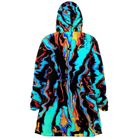 Black swirling liquid rave cloak back view showing sherpa hood and marbled teal red pattern
