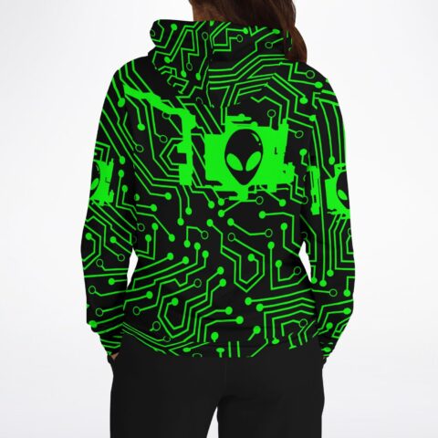 Back view of black hoodie showcasing green circuit pattern