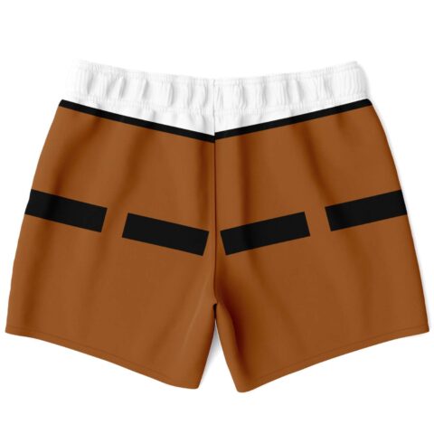 Brown novelty swim trunks back view showing black stripe trompe design