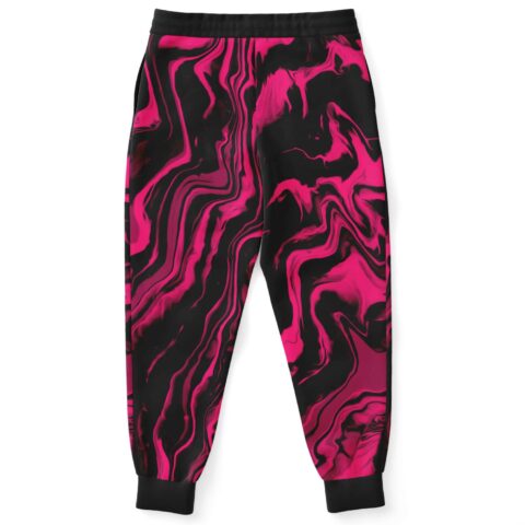 Hot pink and black marbled joggers back view showing swirl pattern continuity