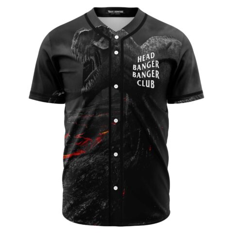 Black roaring T-Rex baseball jersey with lava print, Head Banger Banger Club text