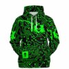 Green circuit board rave hoodie, front view with bright green circuitry graphics