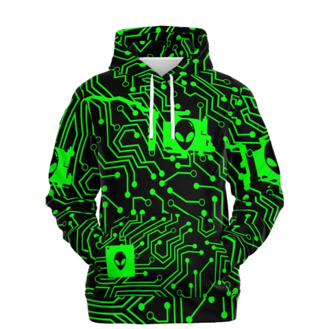 Vibrant green circuit board design on black hoodie front
