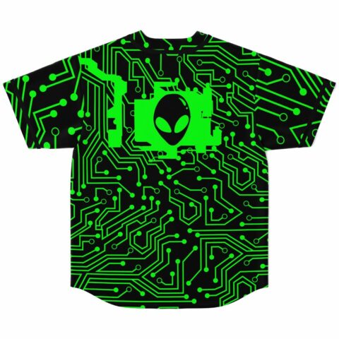 Neon green circuit board pattern covers the back with a glowing alien head chip design