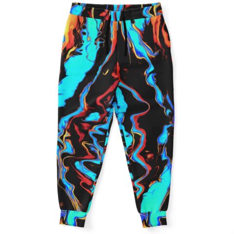 Black psychedelic melting rave joggers with neon blue and red swirl print, front view