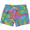 Pastel liquid rave swim trunks with abstract swirl print and white drawstring front view
