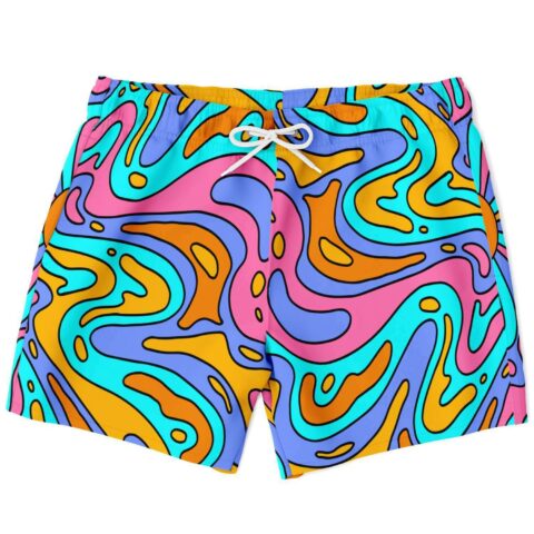 Pastel liquid rave swim trunks with abstract swirl print and white drawstring front view