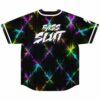 Back view of neon diamond grid jersey reading Bass Slut in bold white lettering