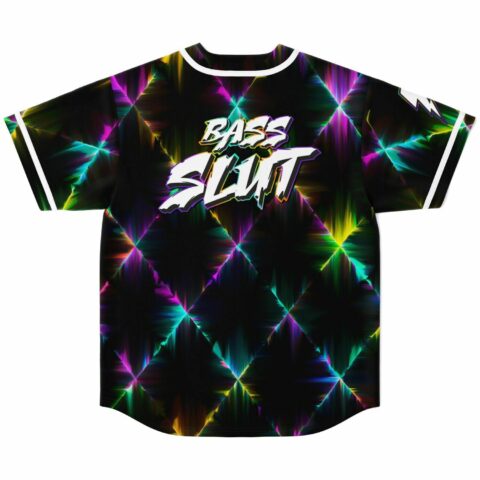 Back view of neon diamond grid jersey reading Bass Slut in bold white lettering