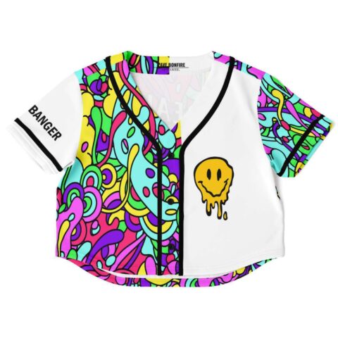 Colorful crop top with smiley graphic and abstract patterns