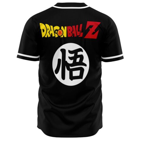 Back view of anime-inspired baseball jersey with bold text graphic and circle emblem