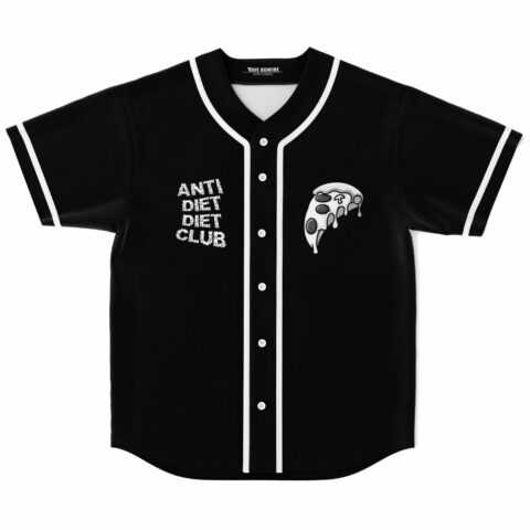 Black baseball jersey with Anti Diet Diet Club text and pizza slice graphic front view