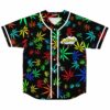 Black rave baseball jersey with colorful marijuana leaf print and PotHeads chest logo, front view