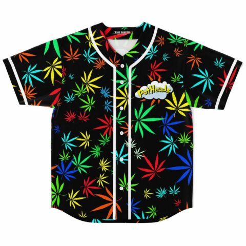 Black rave baseball jersey with colorful marijuana leaf print and PotHeads chest logo, front view
