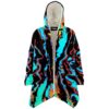Liquid swirl rave cloak in black with electric blue and orange marbled pattern, front view