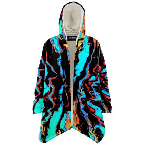 Liquid swirl rave cloak in black with electric blue and orange marbled pattern, front view