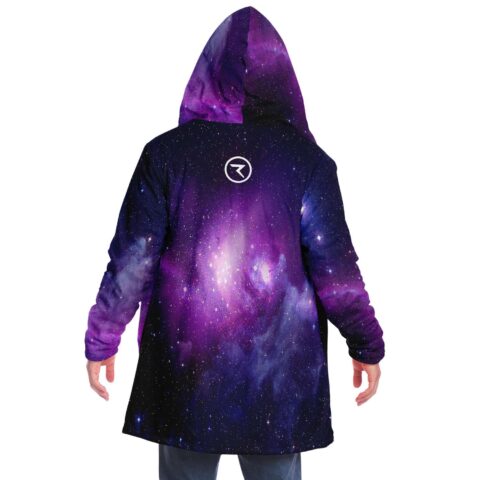 Purple galaxy print hooded cloak back view with glowing nebula and small circular logo