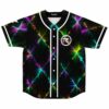 Black baseball jersey with neon diamond grid pattern and white R logo front view