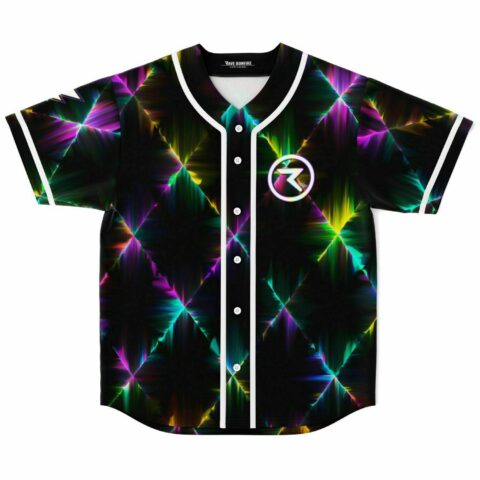 Black baseball jersey with neon diamond grid pattern and white R logo front view