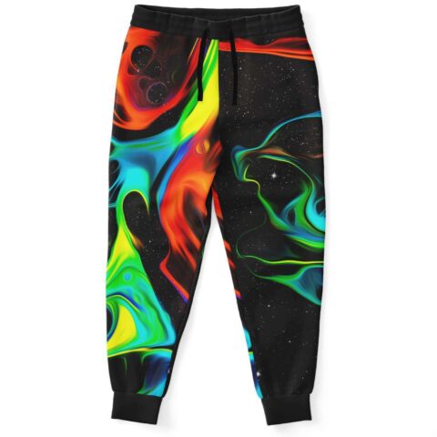 Neon fluid rave joggers with starry galaxy print and black cuffs front view