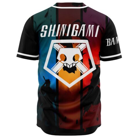 Back view of Shinigami baseball jersey with skull pentagon shield and blue red color block