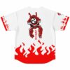 White rave baseball jersey back, red skull graphic, Japanese text over flame print