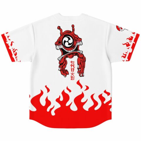 White rave baseball jersey back, red skull graphic, Japanese text over flame print