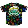 Back of black jersey with smoking cartoon rabbit graphic under PotHeads text, rainbow leaf pattern