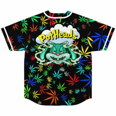 Back of black jersey with smoking cartoon rabbit graphic under PotHeads text, rainbow leaf pattern