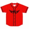 Bright red rave baseball jersey with black winged emblem front view and button placket