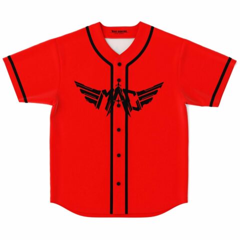 Bright red rave baseball jersey with black winged emblem front view and button placket