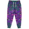 Purple intricate mandala rave joggers front view with teal and pink symmetrical pattern