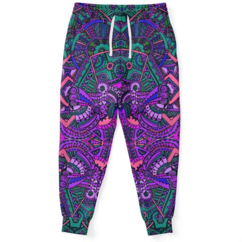 Purple intricate mandala rave joggers front view with teal and pink symmetrical pattern