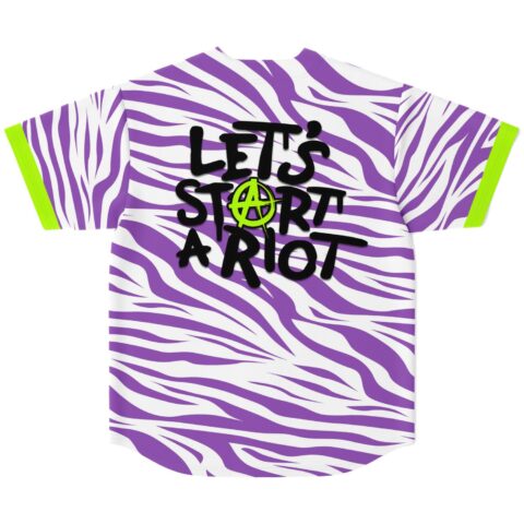 Purple zebra print jersey back reading Let's Start A Riot with anarchy symbol
