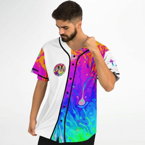 Front view of psychedelic oil swirl baseball jersey with trippy smiley patch and white panel