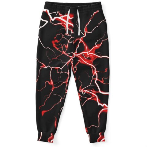 Red electric lightning rave joggers with white drawstring waist front view