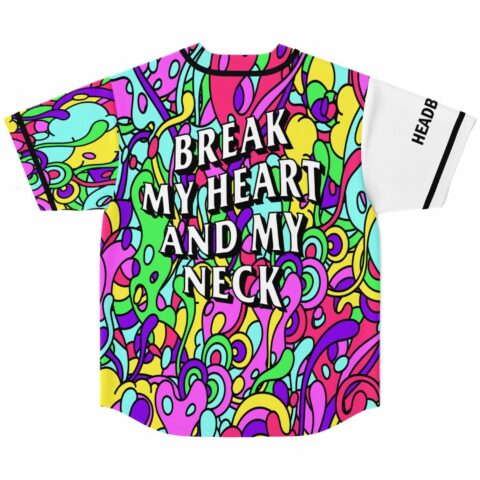 Rainbow psychedelic swirl baseball jersey back with Break My Heart And My Neck text