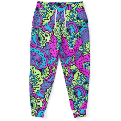 Magenta paisley floral rave joggers flat lay front view with drawstring waist