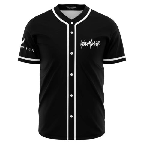 Black rave baseball jersey with white pinstripe and WaxMotif signature logo front view